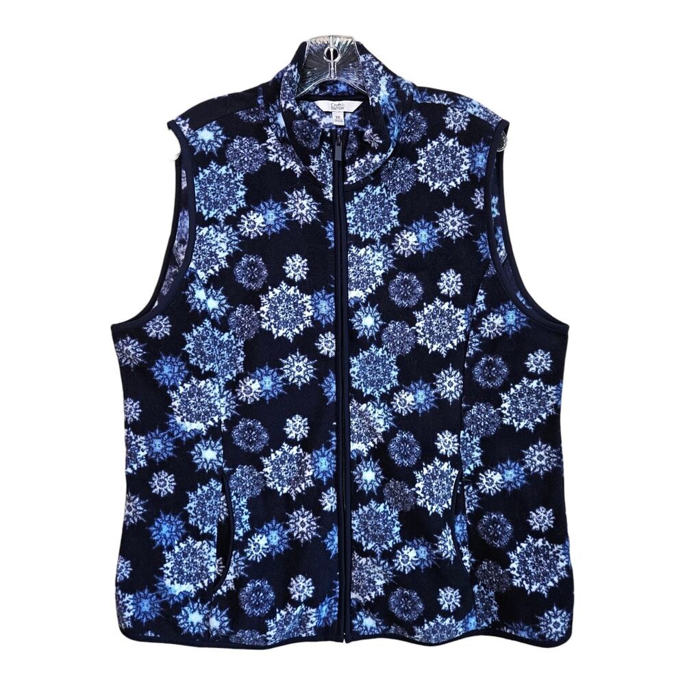 CROFT & BARROW Women's Plus XXL Fleece Vest Full Zip Blue White Snowflake 46"